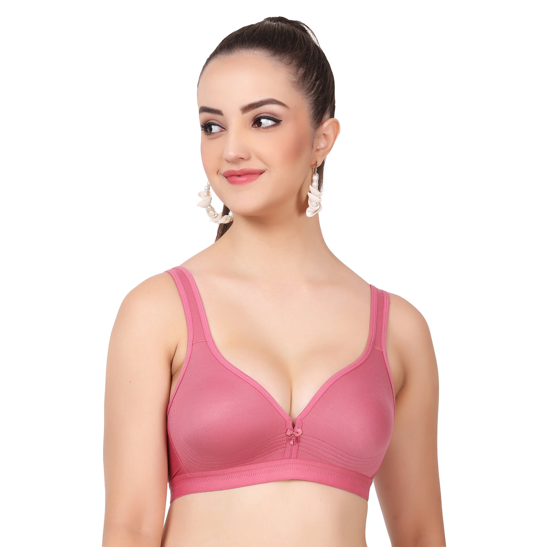 For all-day comfort, pick this seamless Figure Fit lingerie β a molded cup bra with pull-on closure and minimal bra coverage.