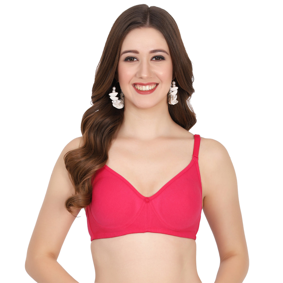 Cup B bra size with pull-on bra closure and removable padding. A seamless bra for women offering a body-hugging fit and wireless bra style.