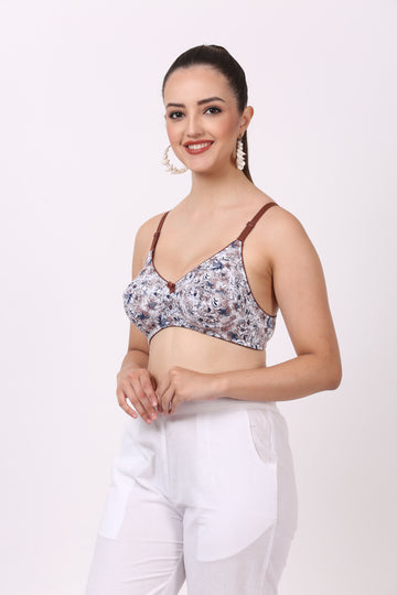 Printed bra for women with racerback bra style, back bra closure type, and adjustable fit – perfect for 32 size bra wearers.