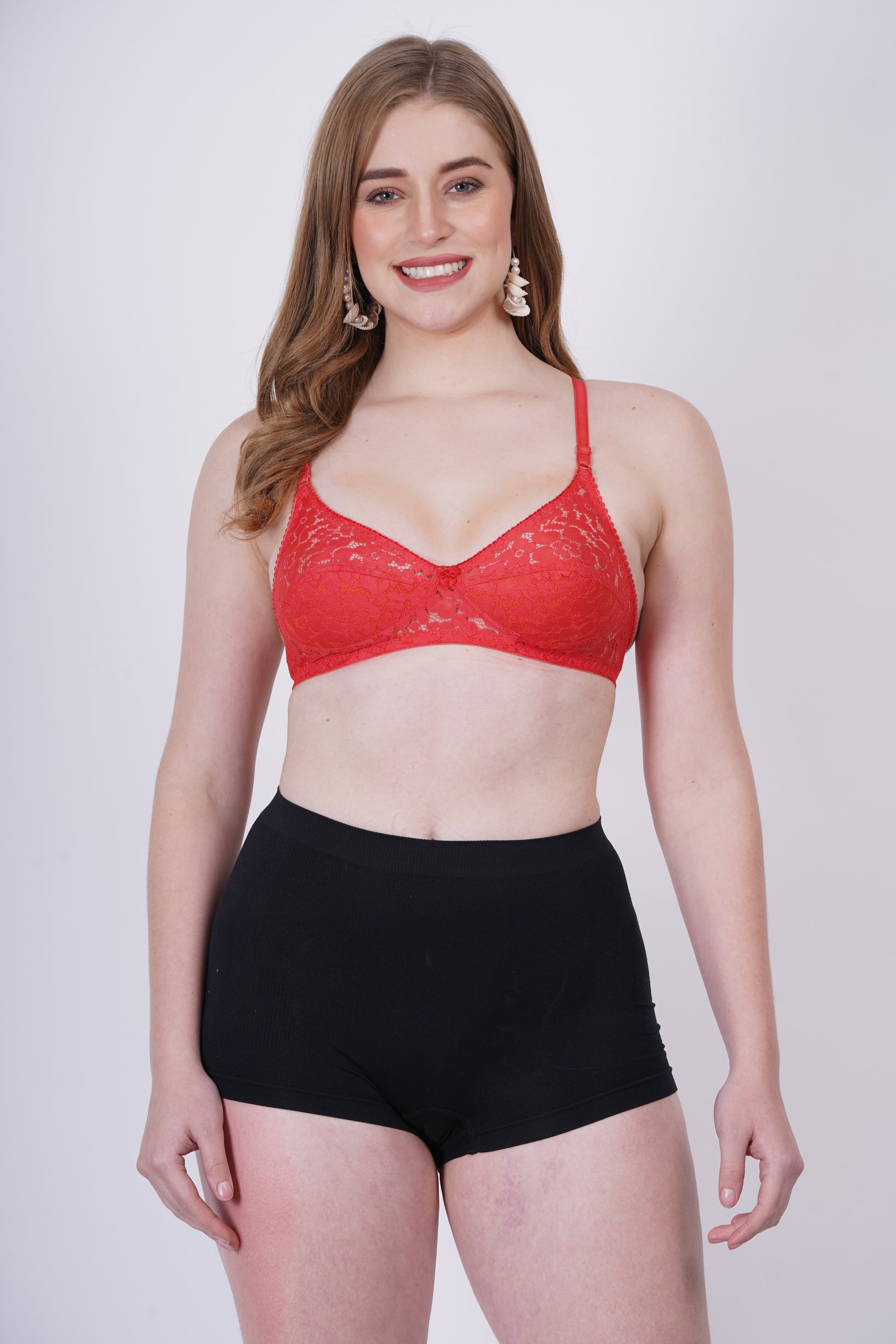 Back closure lace bra with net detailing – stylish comfort for every curve.