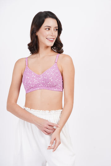 Purple color printed seamless bra in cup B bra size – made from nylon fabric with molded bra style and back bra closure type for a perfect fit.

