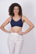 Buy lingerie online with this Blue figure fit bra featuring a nylon fabric, wireless bra style, seamless design.
