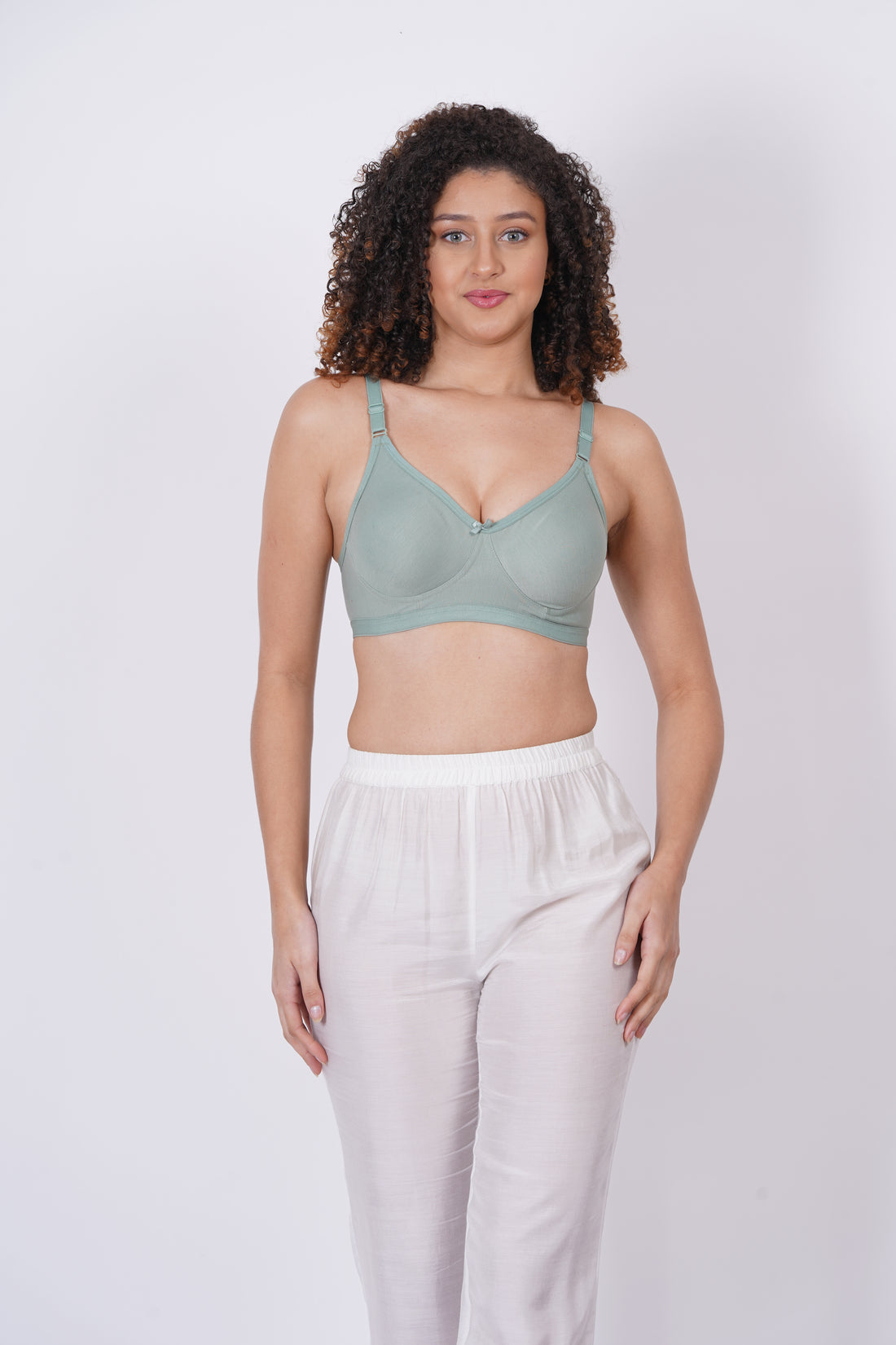 Cup D bra size with molded cups and a pull-on closure, offering seamless bra design and wireless comfort.

