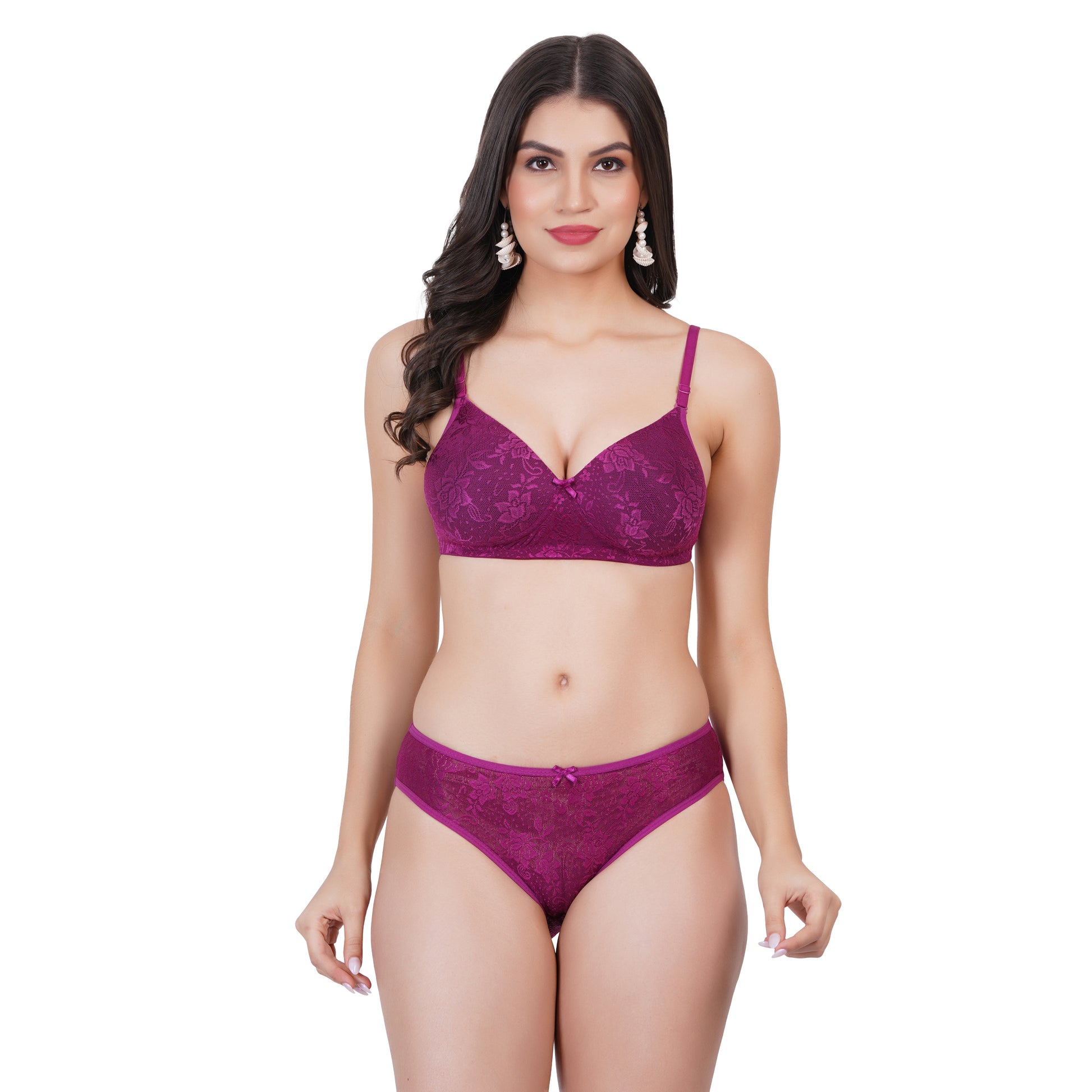 Elegant and stylish, this bridal bra and panty set combines figure-hugging comfort with a luxurious net lace finish.