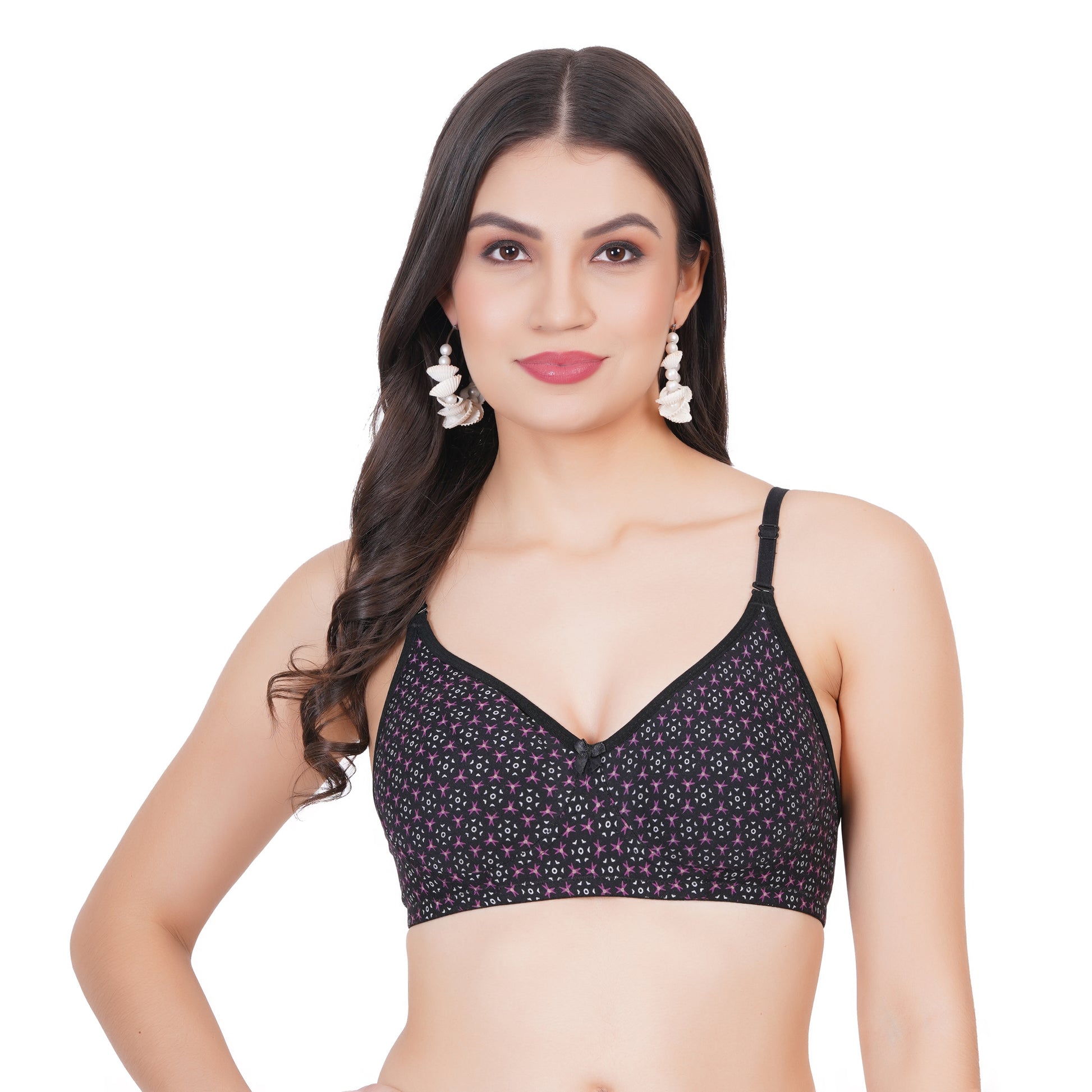 Figure Fit molded bra with cup B size, black color printed style, and seamless comfort – the ideal bra for women on the go.


