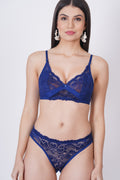 Buy Cup B blue bra with matching panties in a bold and stylish design, perfect for vacations.