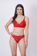 Matching bra and panties set in red with net details, perfect for bridal sets and special occasions.