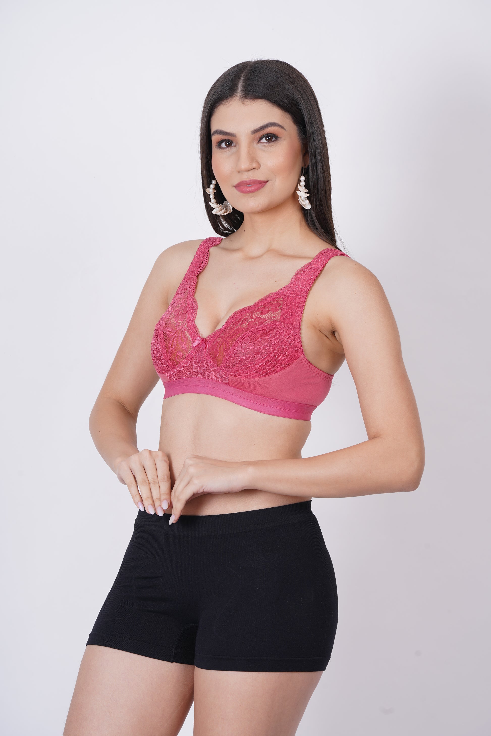 Cup B lace bra with front closure and net detailing – chic bralette for confident women.