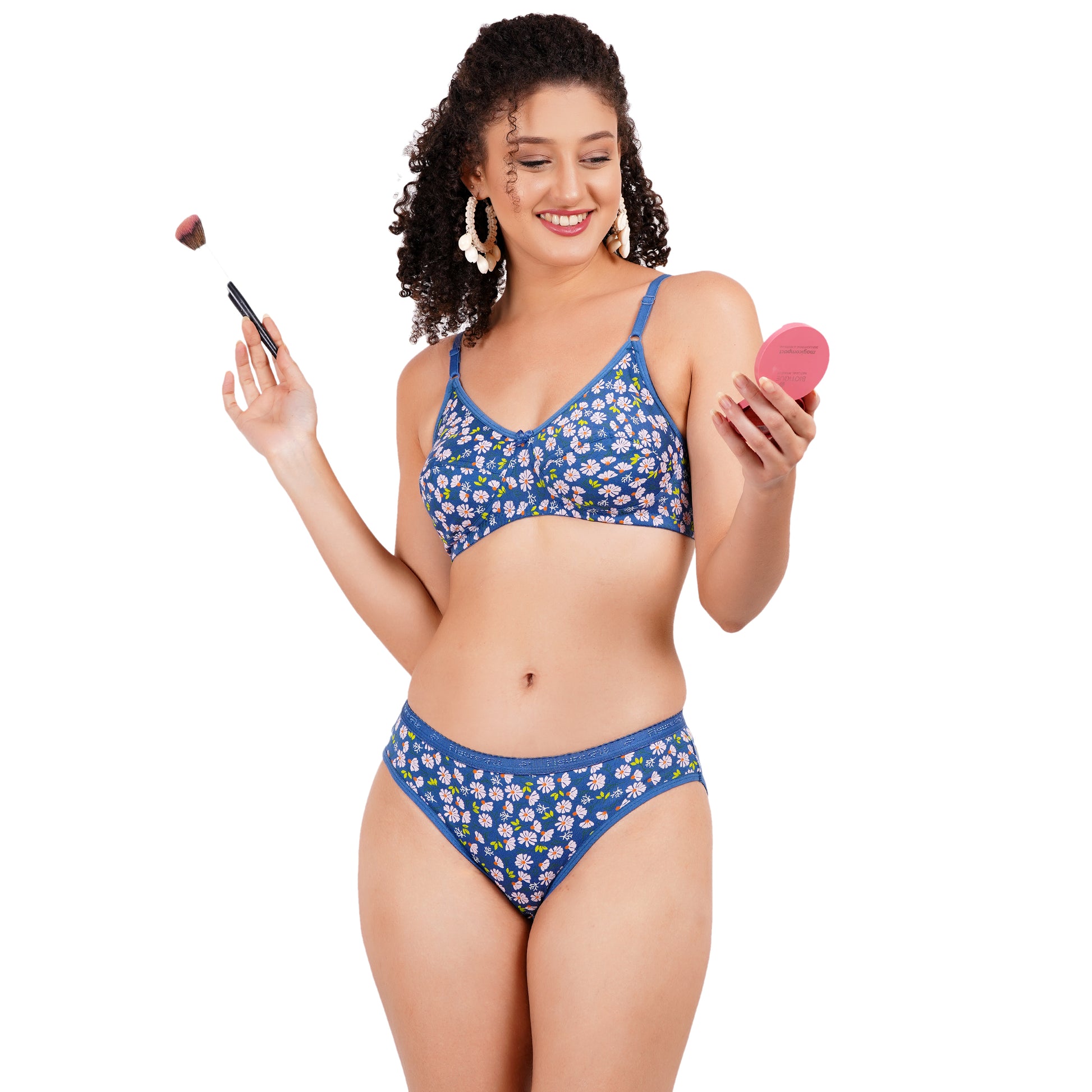 Buy Blue color Matching bra and underwear set with a floral design, printed bra, comfort, and a perfect fit for women.
