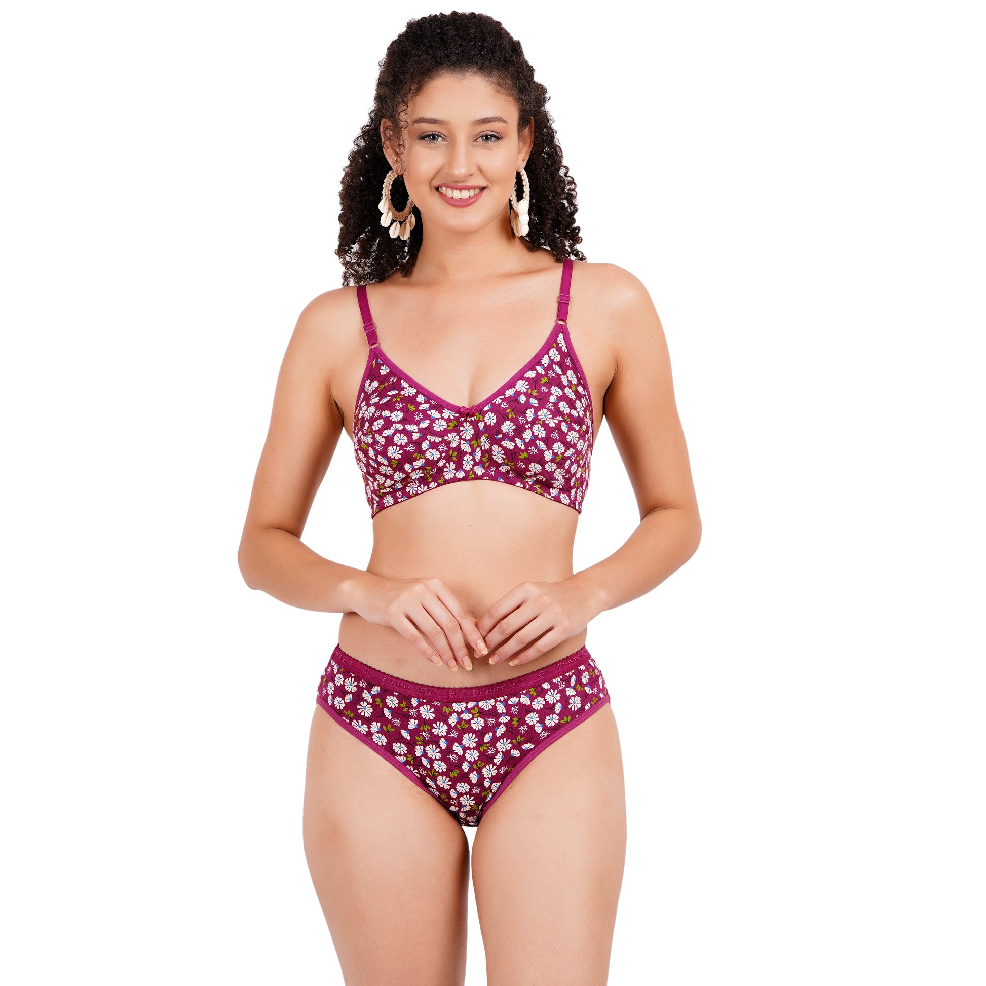 Shop Rani color printed bra with a floral design and matching underwear set, perfect fit sets.