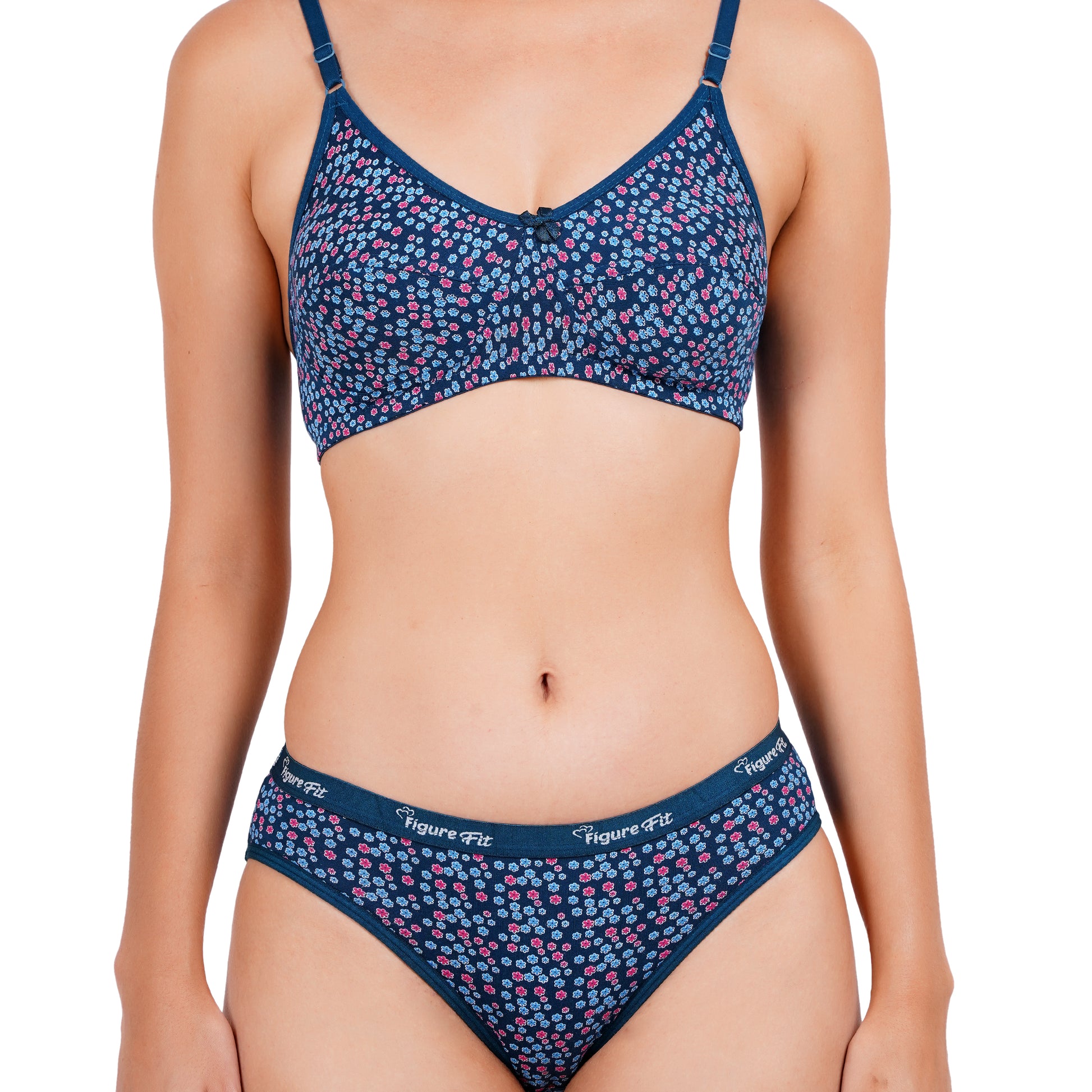 Buy Blue Printed bra with floral design and matching panties, offering a perfect fit and a flattering silhouette for the bride.
