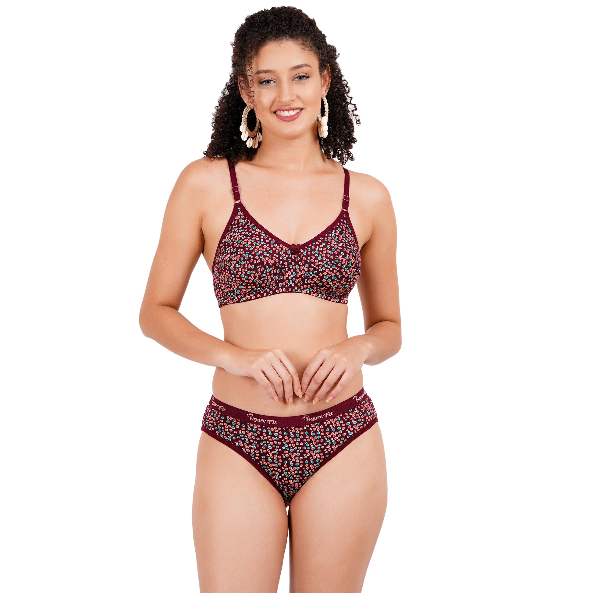Shop brown color Floral design printed bra and matching panties set, perfect fit for the silhouette of the bride on her special day.