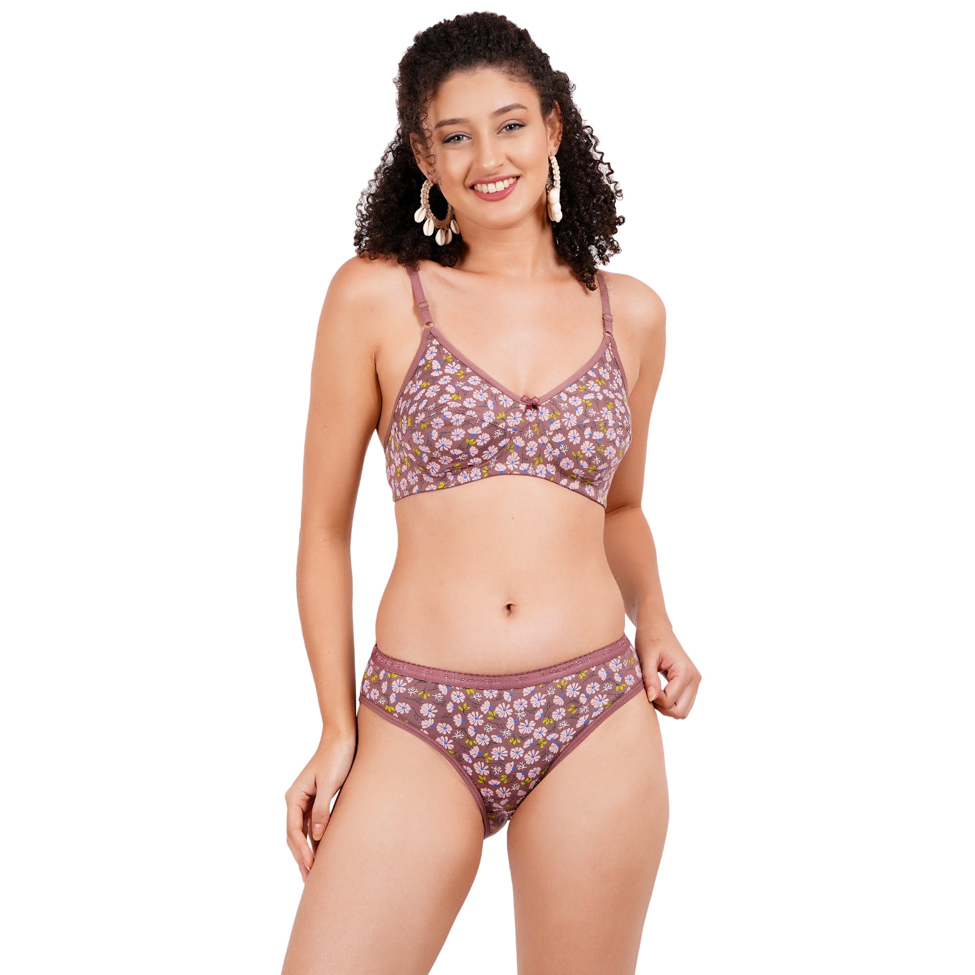 Bronze color Floral printed design bra with matching underwear, offering a perfect fit for everyday comfort and style.
