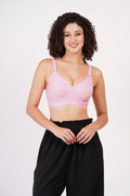 Hosiery material bra with a soft touch and stretchable fabric for a snug fit.

