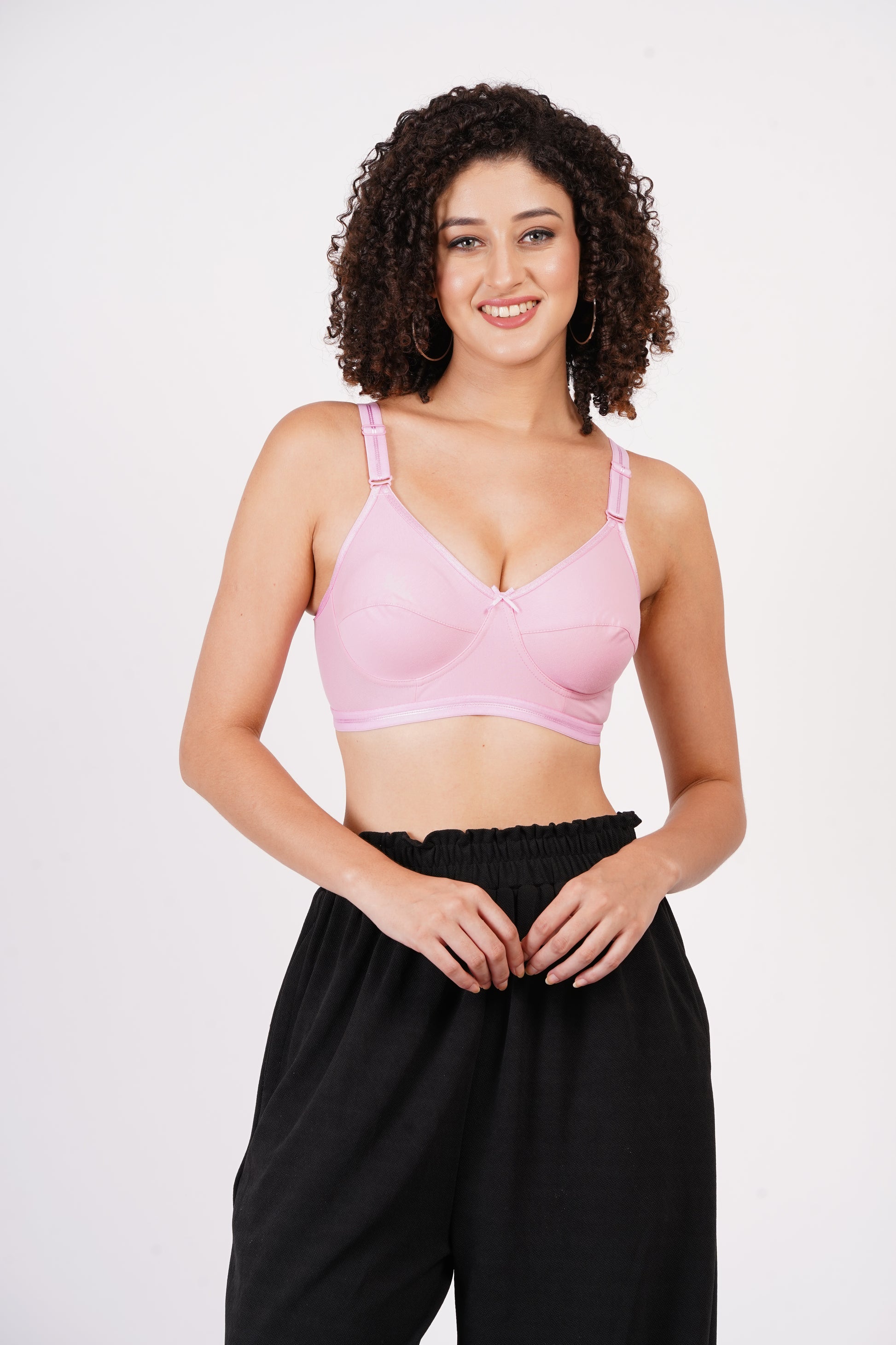 Hosiery material bra with a soft touch and stretchable fabric for a snug fit.
