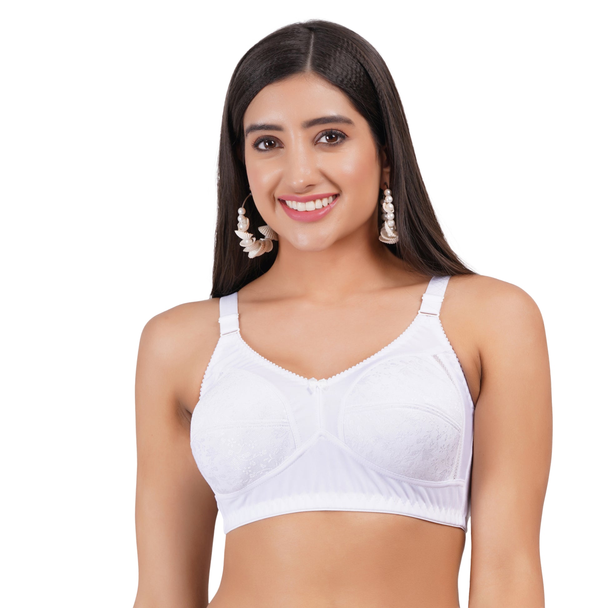 Lace Bra by Figure Fit in White, offers seamless construction, perfect for C and D cups, featuring an elegant lace design and back front bra closure.

