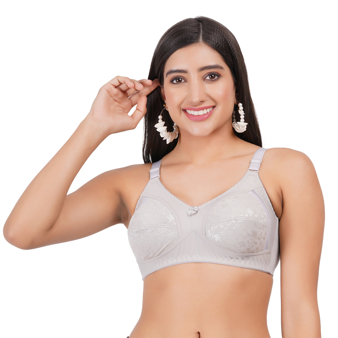 Figure Fit Bra with delicate lace detailing in Gray, offering minimal bra coverage and seamless support for everyday wear. Back and front closure type.
