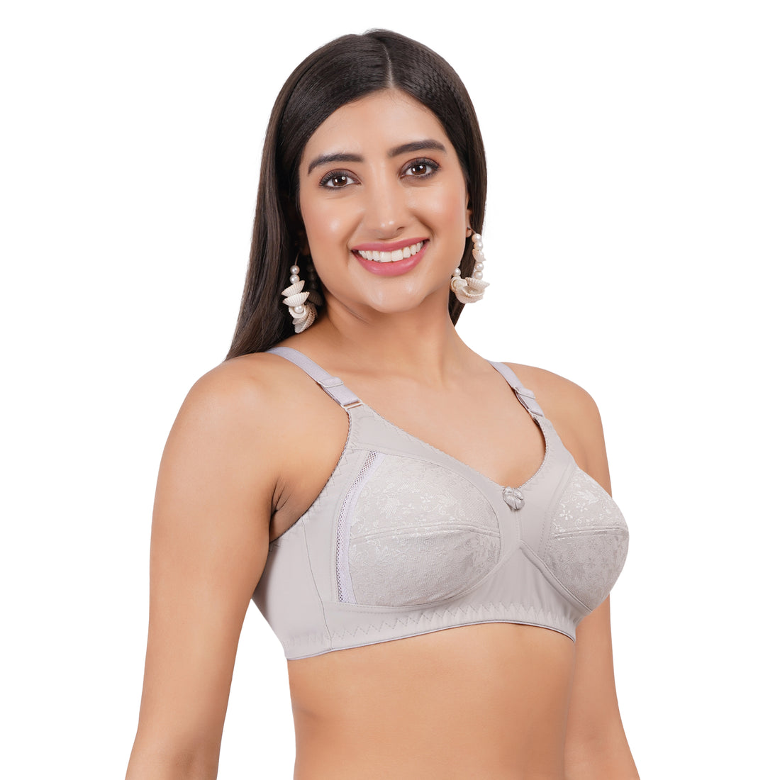 Figure Fit Bra with delicate lace detailing in Gray, offering minimal bra coverage and seamless support for everyday wear. Back and front closure type.
