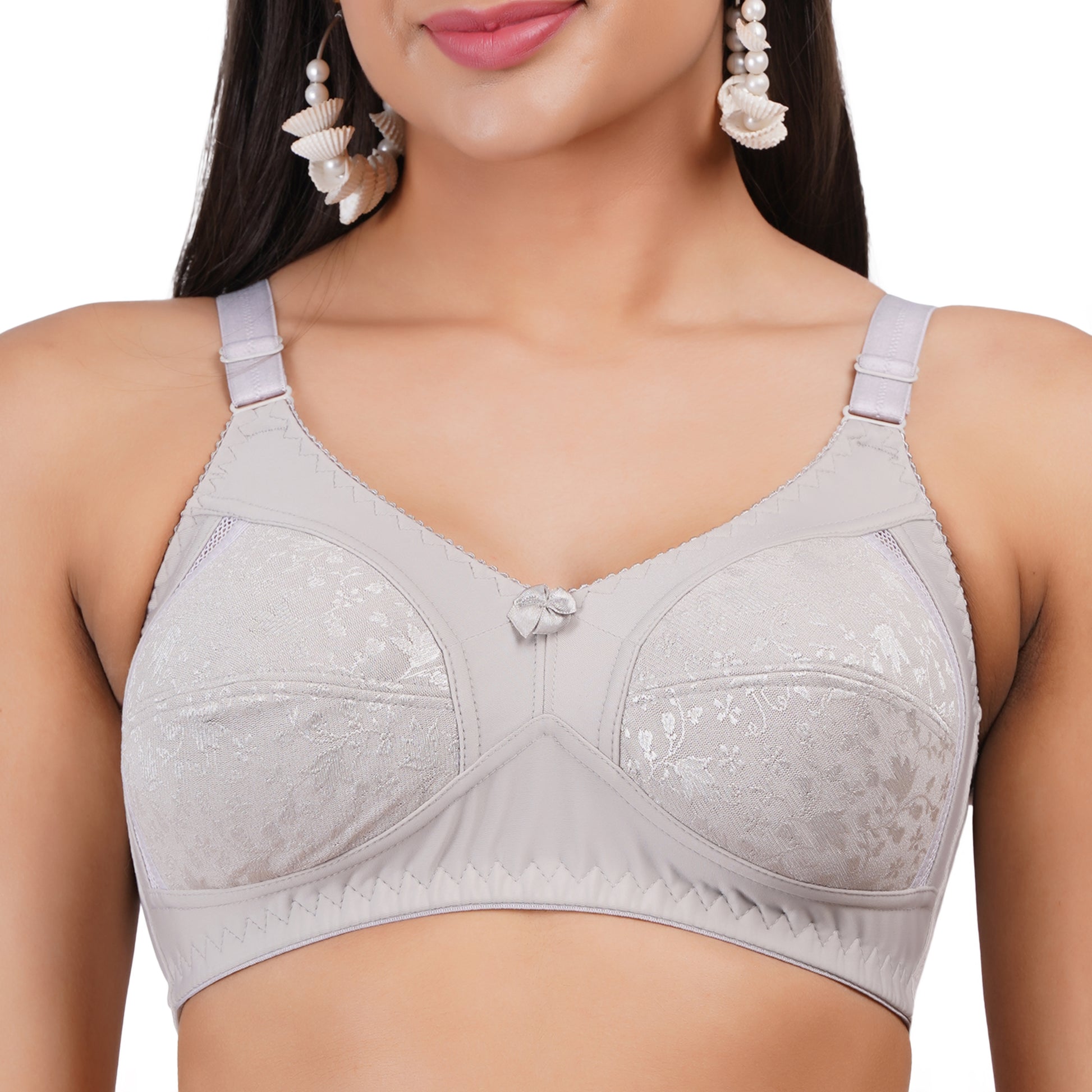 Figure Fit Lace Bra in Gray, designed with delicate lace, back front closure, and seamless fit, ideal for bras for women looking for everyday support.

