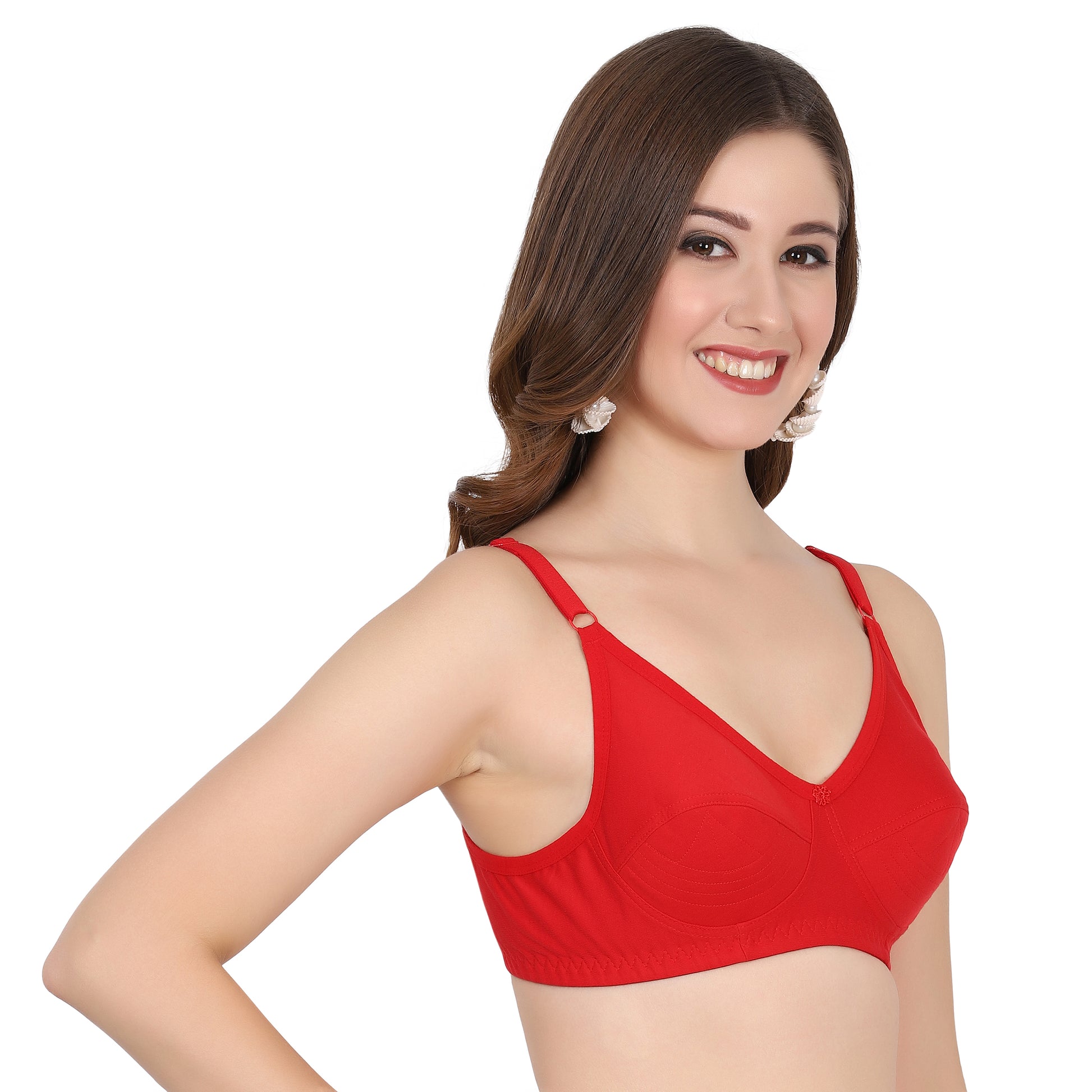 Back closure type fig bra for women offering seamless support and snug figure fit in hosiery fabric.