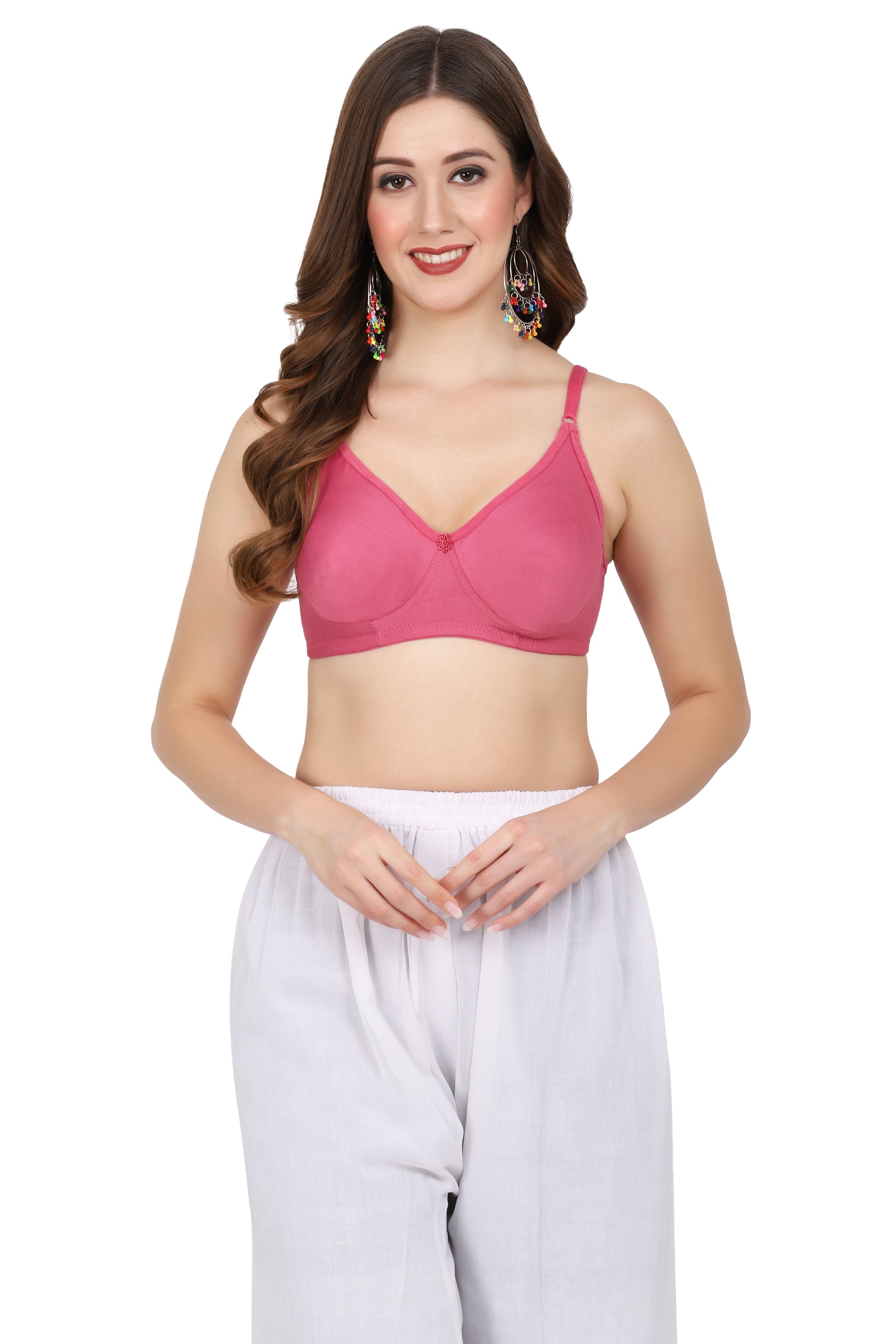Onion color fig bra for women offering seamless comfort, molded cup design, and secure back bra closure for daily wear.

