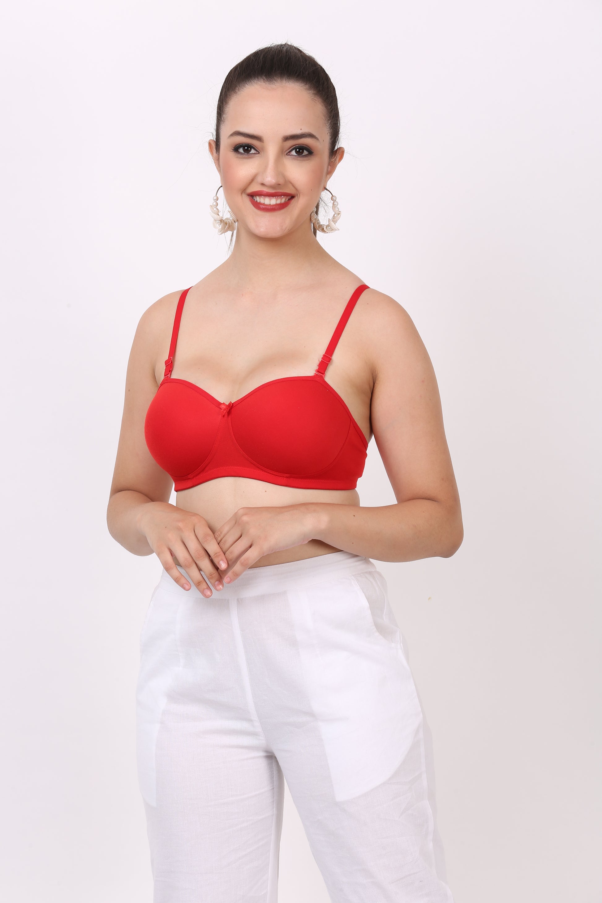 Figure Fit Red padded bra with demi coverage and seamless cups – stylish and supportive in 28 size bra.

