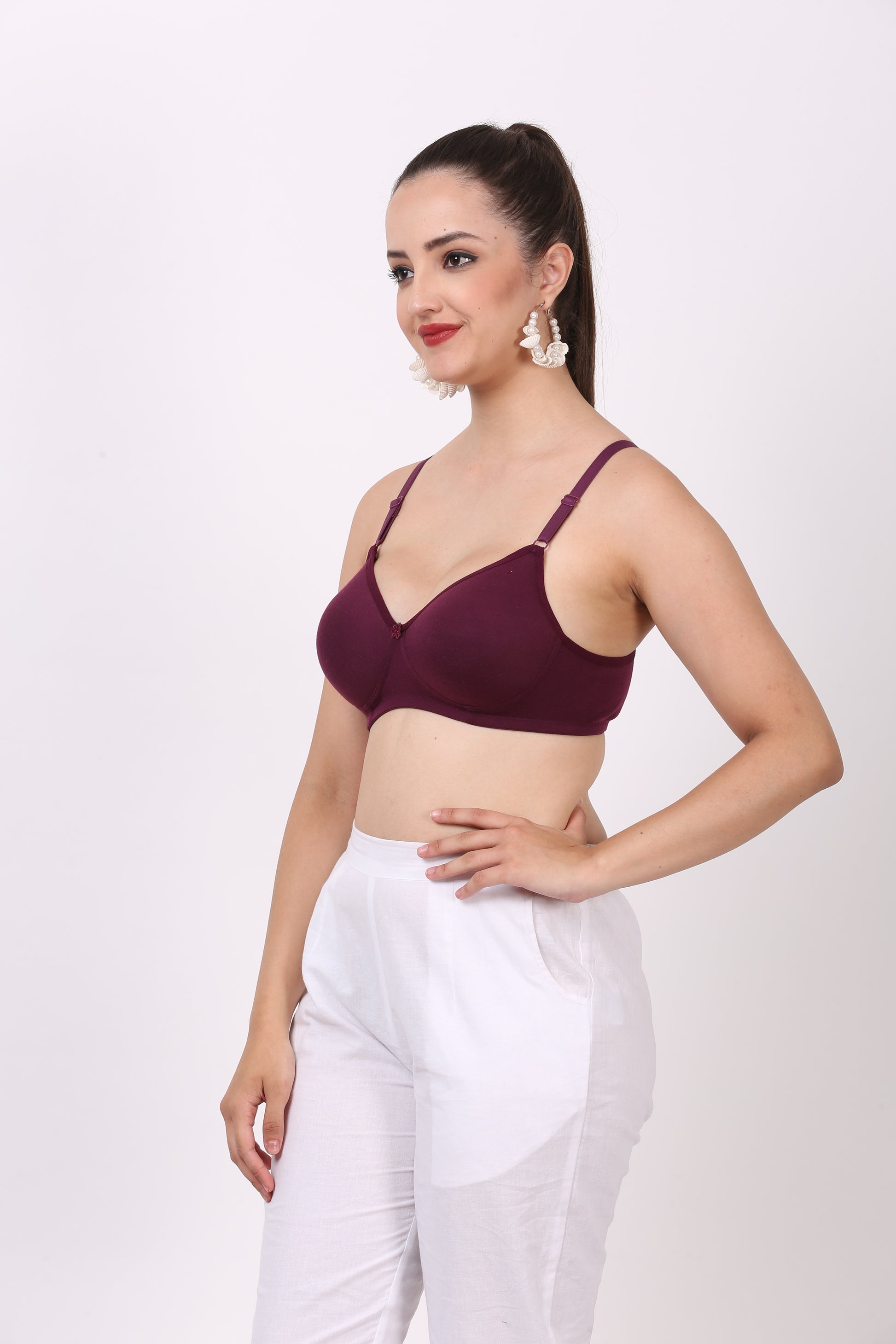 Women padded bra in nylon fabric with demi bra coverage and back bra closure – Figure Fit Juliet in 32 B bra size.

