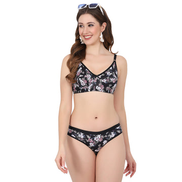 Looking for a bikini set for Bali or an outing? Choose the Figure Fit bra online, featuring a stylish black printed bra and panty set.