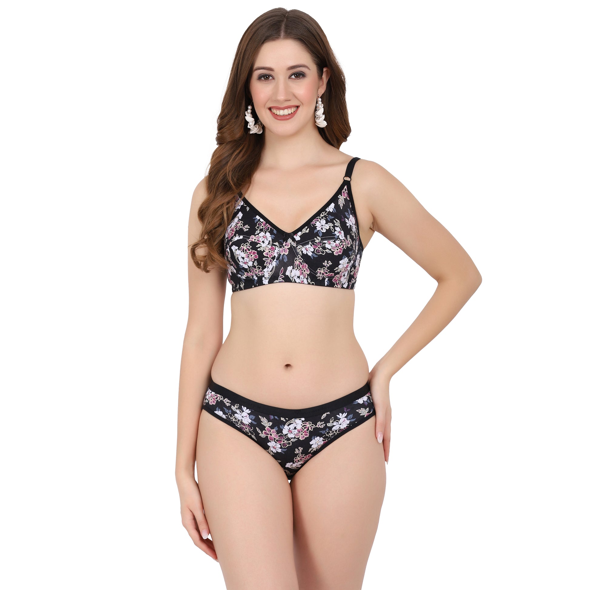 Buy lingerie online with this black sexy  floral printed bra set, designed for elegance, comfort, and style. 