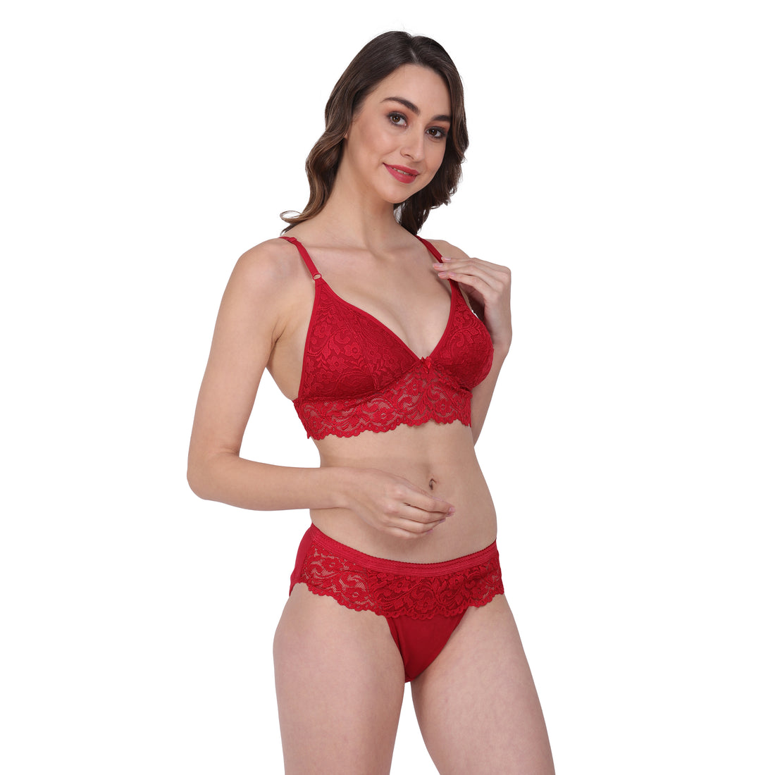 Buy Bridal set featuring a red net bra with matching bra and panties, offering comfort and elegance for a stylish honeymoon look