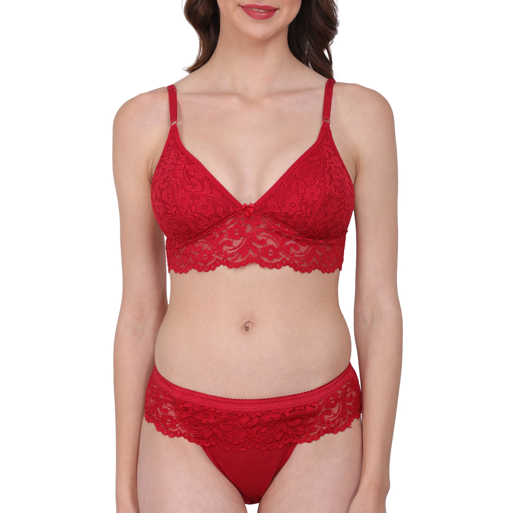 Elegant red bra and panties matching set, adorned with lace for a luxurious feel and designed to enhance natural body curves.